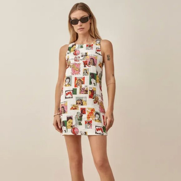 Reformation Jessi Linen Mini Dress in Comic Book Print - Picture 1 of 7